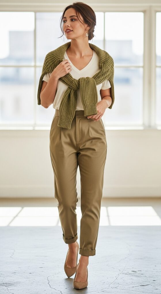 Cardigan Layer over Tee and Khaki Pants