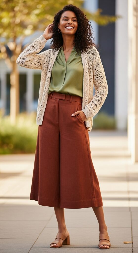 14 Plus Size Winter Business Casual Outfits For Curvy Women 20 Crochet Cardigan over Blouse with Culottes