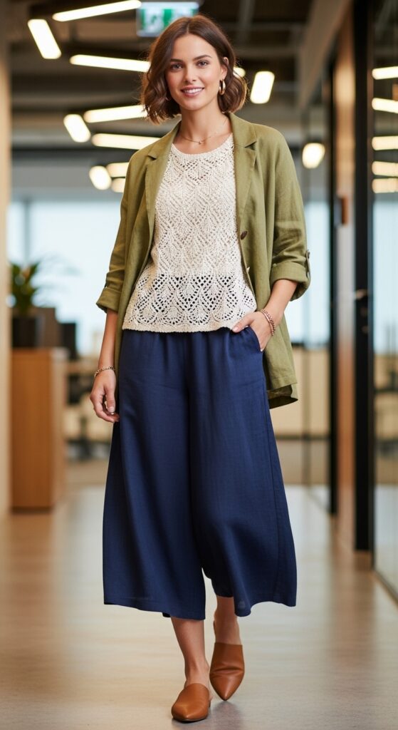 14 Plus Size Winter Business Casual Outfits For Curvy Women 13 Crochet Top under Jacket with Culottes