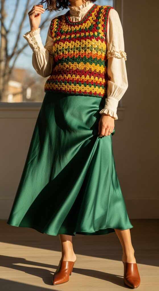 Crochet Vest over Blouse with Midi Skirt