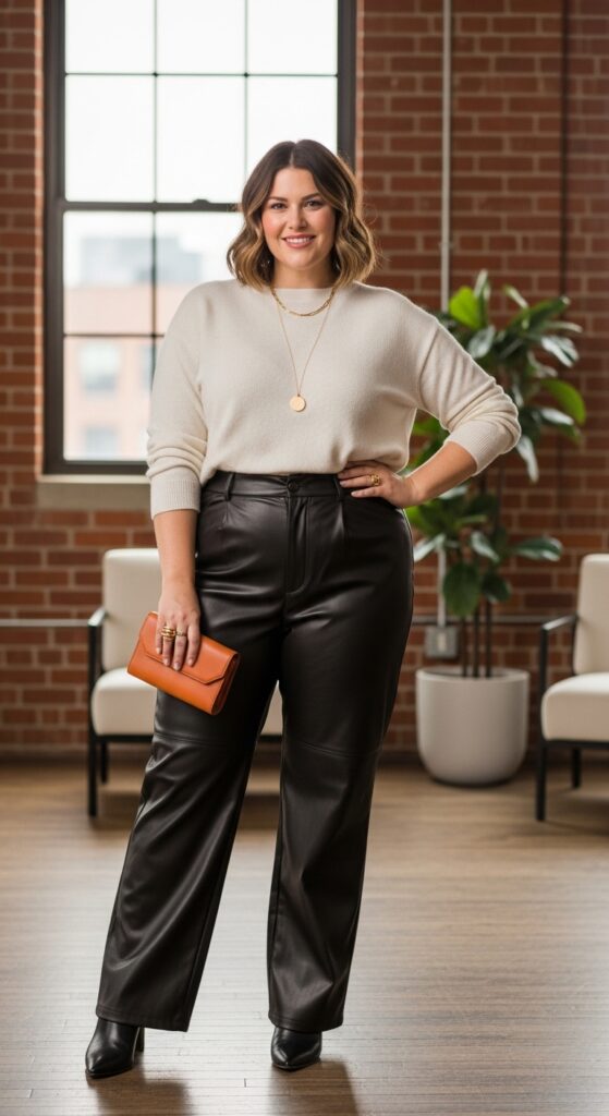 Expert Style Guide: 12 Plus-Size Classy Winter Outfits for Curvy Women 7 Elevated Faux Leather & Fine Knit (The Modern Contrast)
