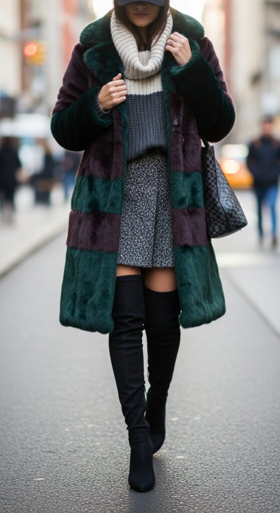 Faux Fur Coat over Mini Skirt and Sweater