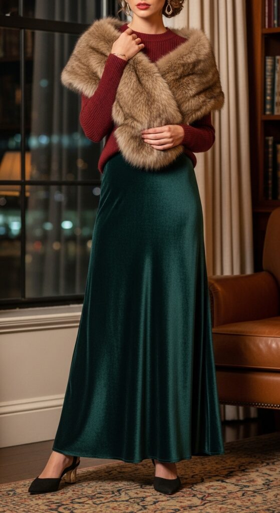 Faux Fur Stole over Sweater and Maxi Skirt