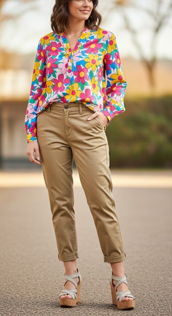 Floral Blouse and Khaki Pants with Wedges