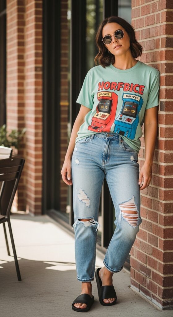 Graphic Tee and Ripped Jeans with Slides
