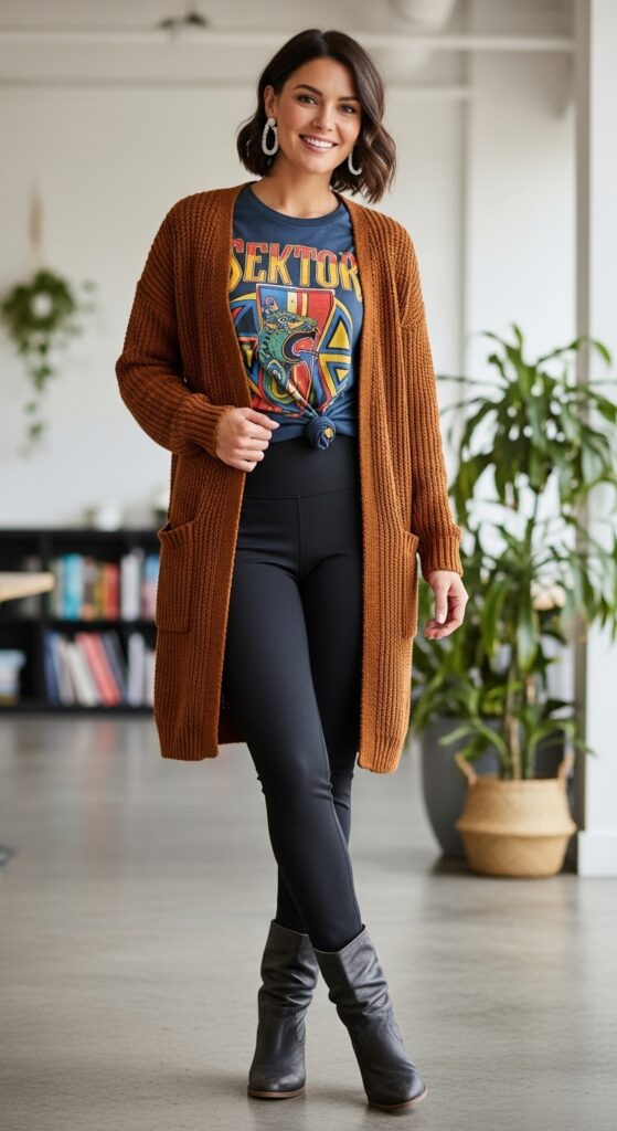 Graphic Tee under Cardigan with Leggings and Ankle Boots