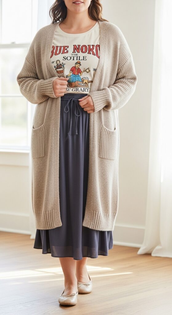 Graphic Tee under Cardigan with Midi Skirt