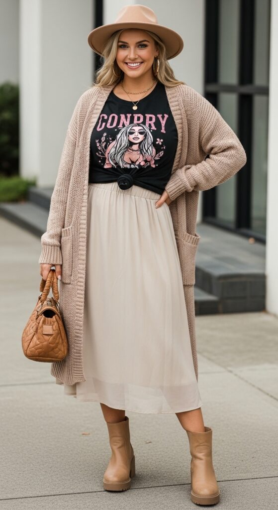 Graphic Tee under Cardigan with Midi Skirt and Ankle Boots