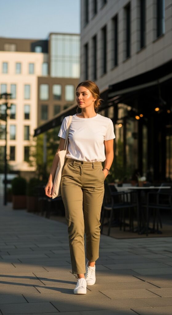 Khaki Pants with White Tee and Sneakers