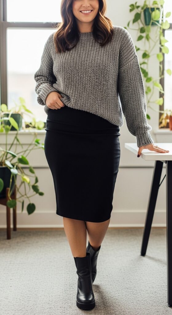 Knit Sweater with Pencil Skirt and Ankle Boots