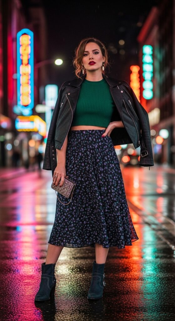 Leather Jacket over Crop Top and Midi Skirt