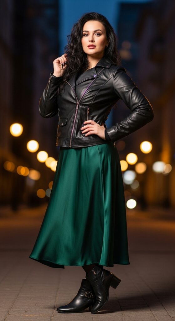 Leather Jacket with Satin Skirt and Tights
