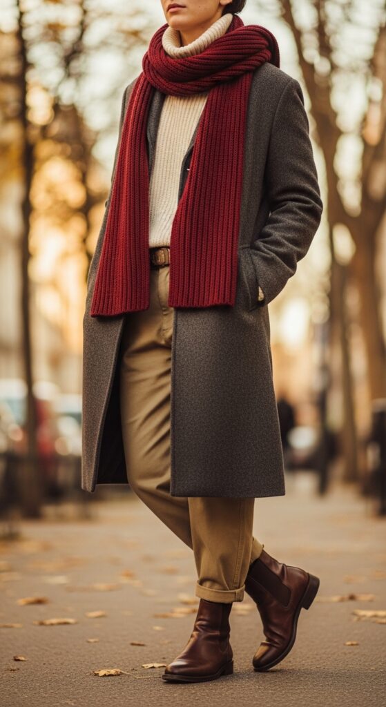 Long Coat and Khaki Pants with Scarf