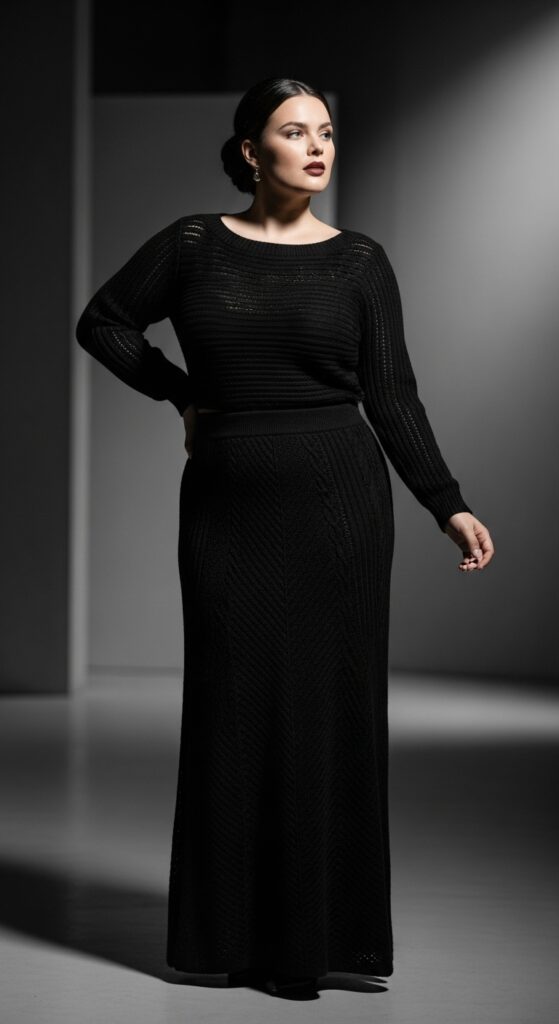 Beyond the Bulky: 10 Confidence-Boosting Plus Size Winter Dress Outfits That Define Your Chic Silhouette 11 Monochromatic Black Knit for Sleek Elegance
