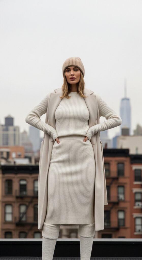 Big City Chic: 12 Plus Size New York Winter Outfits for Stylish Curvy Women 10 Monochrome White-Out