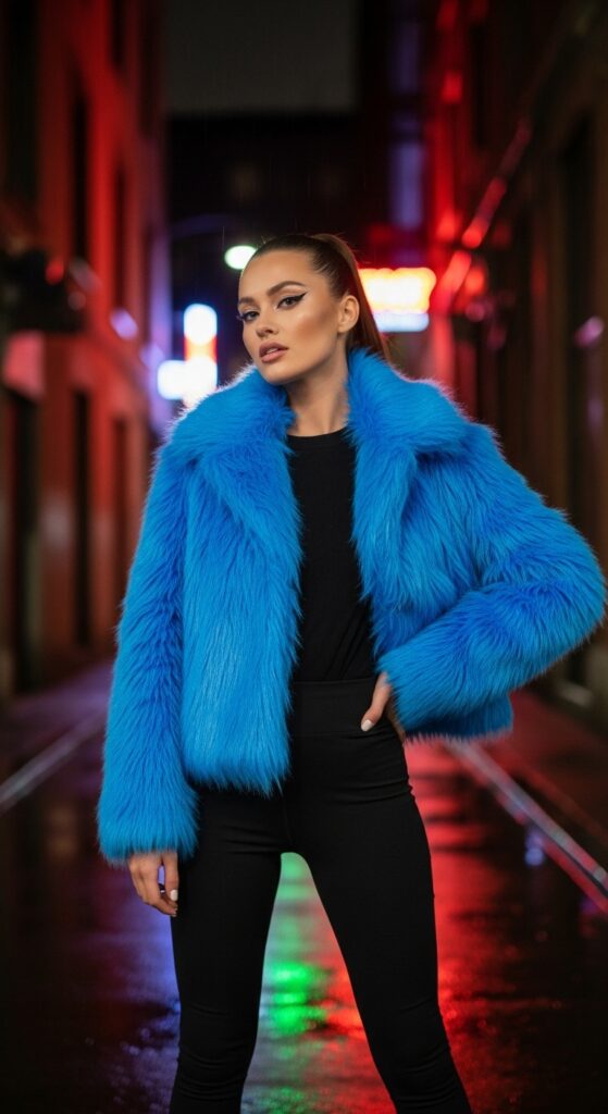 14 Plus Size Winter Rave Outfits That Curvy Women Love 4 Neon Faux Fur Crop Coat