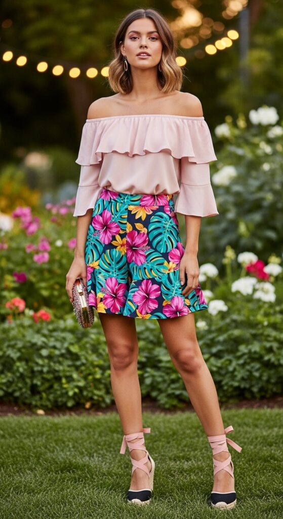 Off-Shoulder Blouse and Skort with Wedges