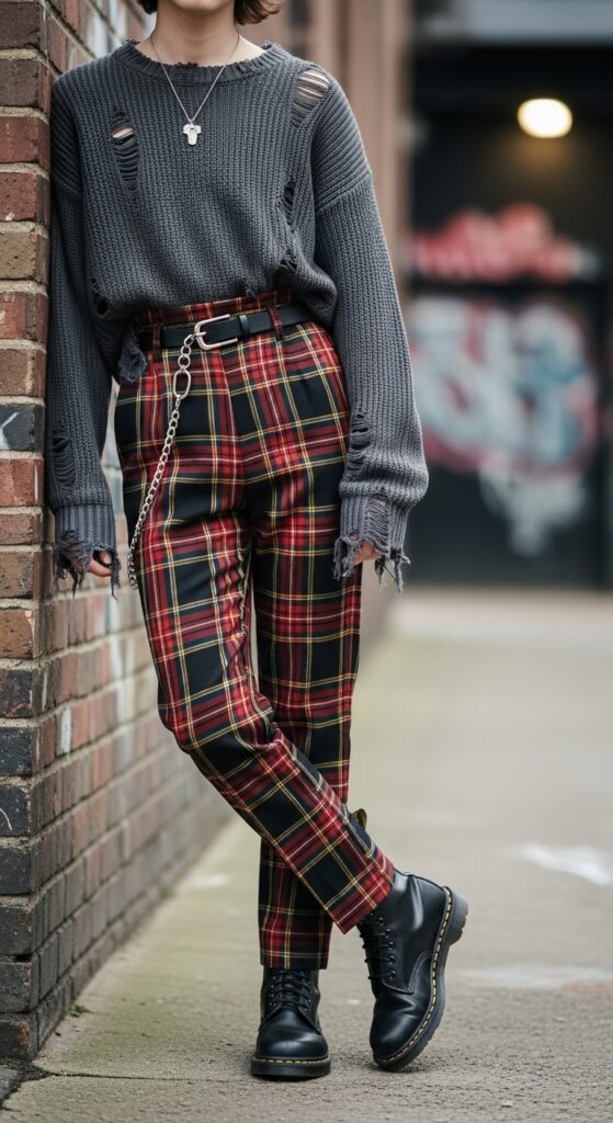 Oversized Sweater with Tartan Trousers