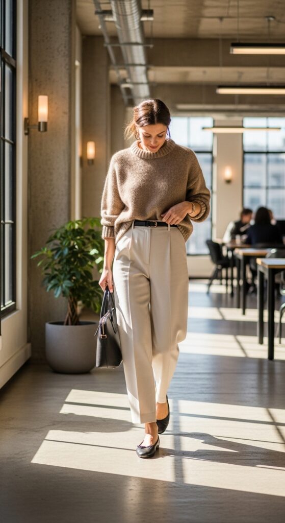 Oversized Sweater with Wide-Leg Pants and Ballet Flats
