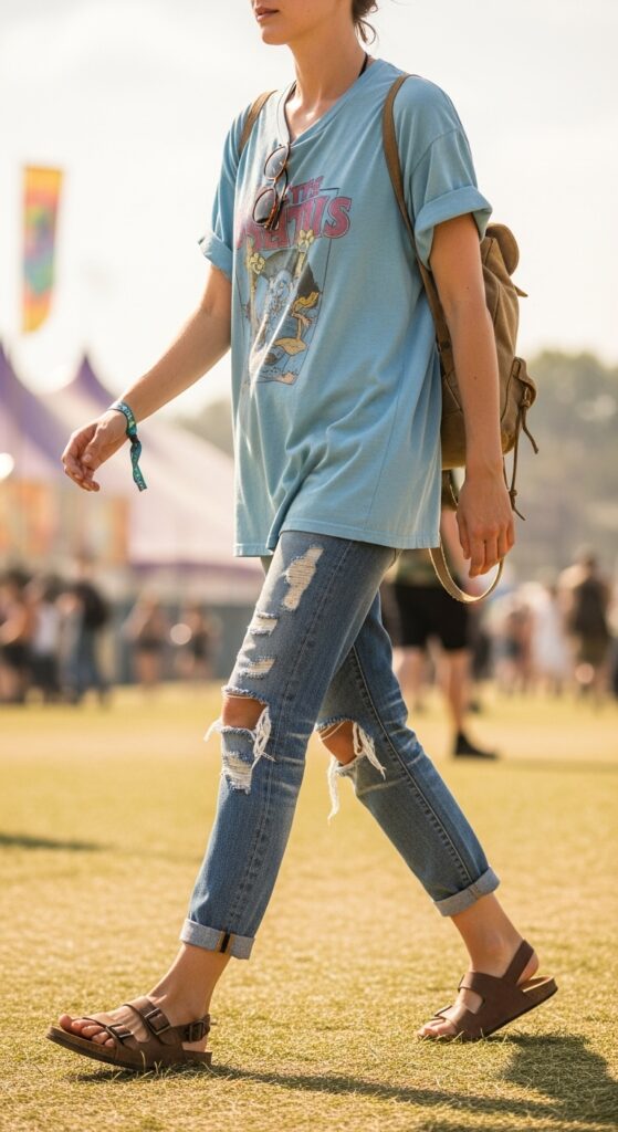 Oversized Tee and Distressed Jeans with Sandals