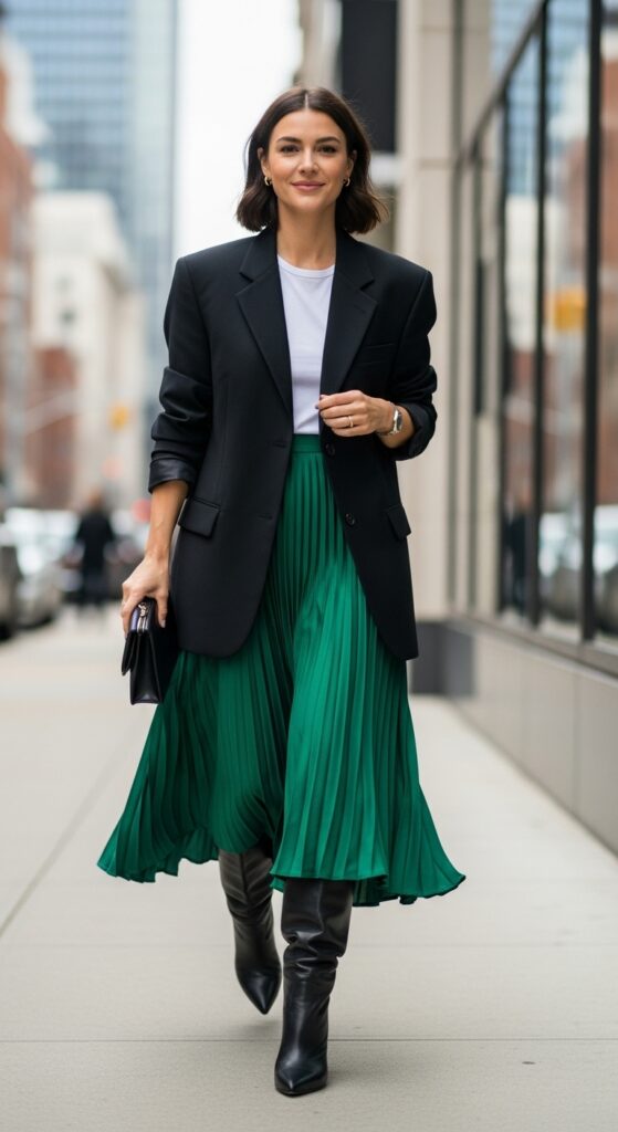 Pleated Skirt with Blazer and Wide-Calf Boots