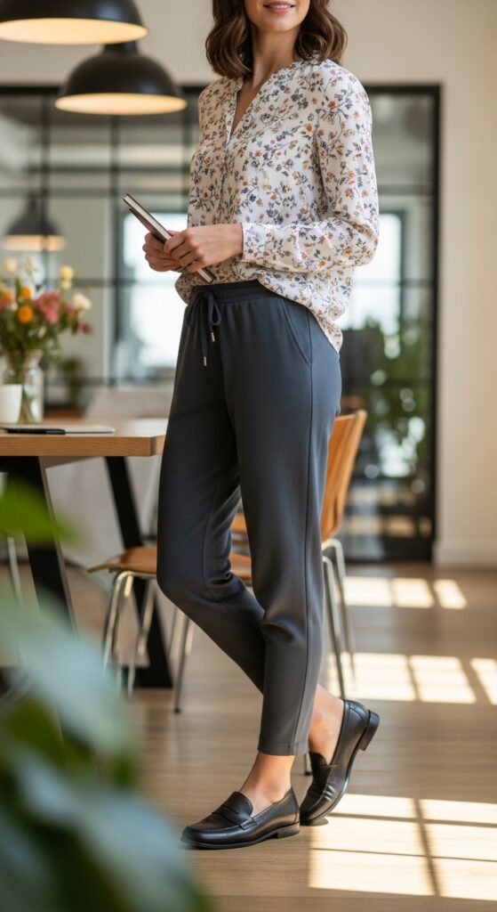 Printed Blouse with Joggers and Loafers