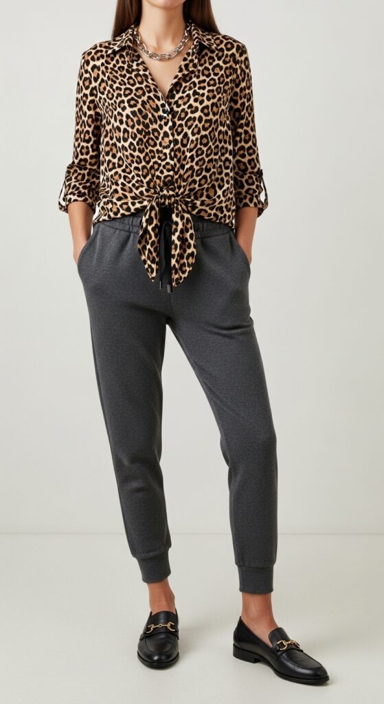 Printed Blouse with Joggers and Loafers