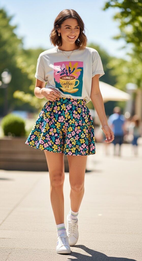 Printed Tee and Patterned Skort with Trainers