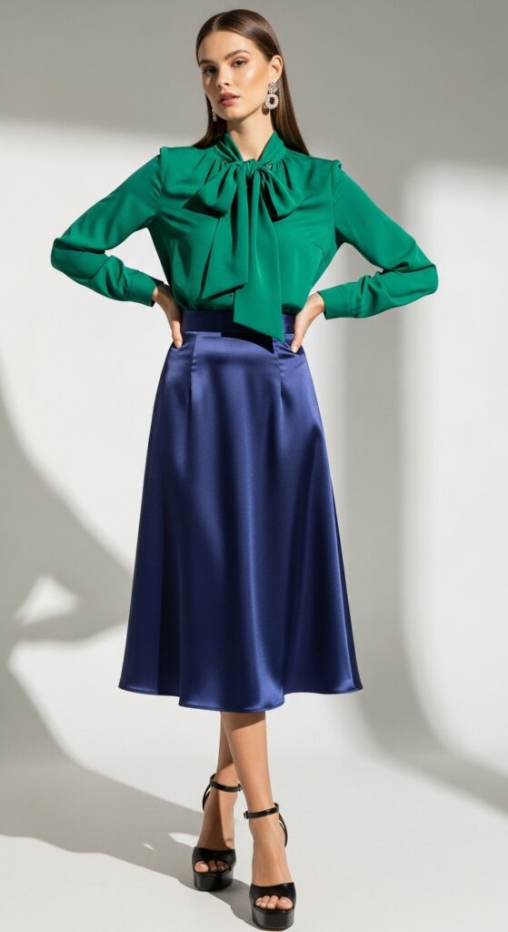 Pussy Bow Blouse with Satin Skirt and Heels