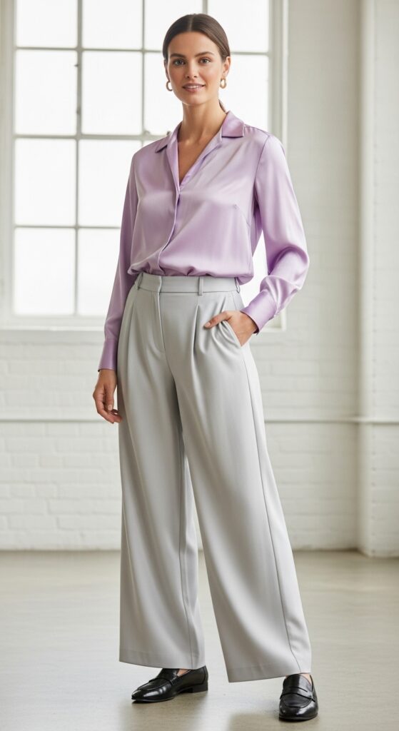 14 Plus Size Winter Business Casual Outfits For Curvy Women 19 Satin Blouse with Wide-Leg Trousers and Loafers