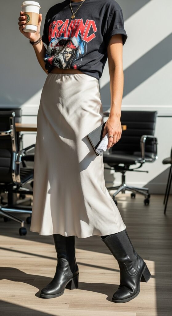 Satin Slip Skirt with Graphic Tee and Ankle Boots