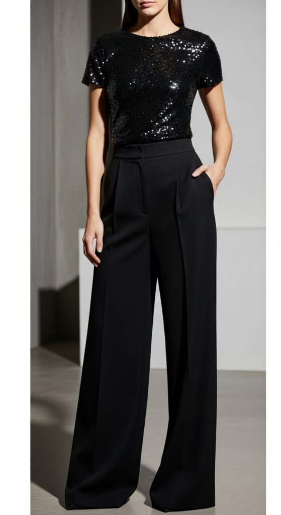 Sequin Shell Top and Wide-Leg Trousers