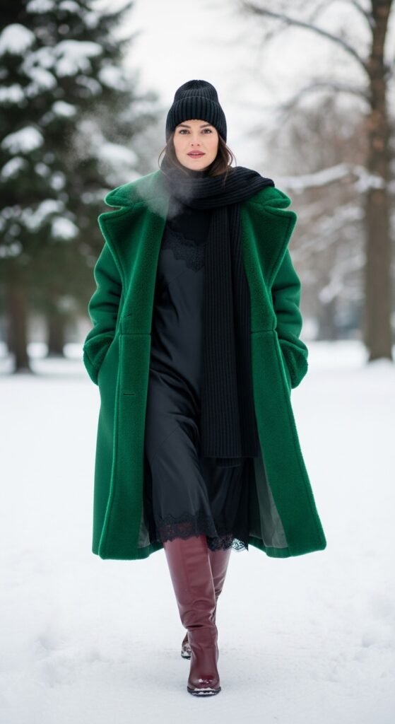 Statement Coat over Slip Dress and Boots