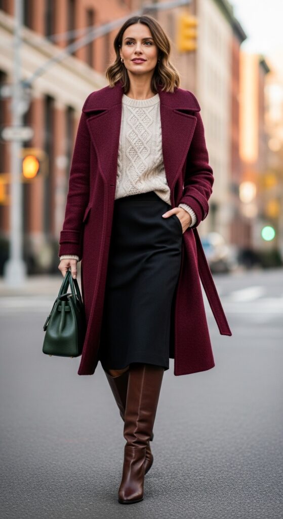 Statement Coat over Sweater and Pencil Skirt