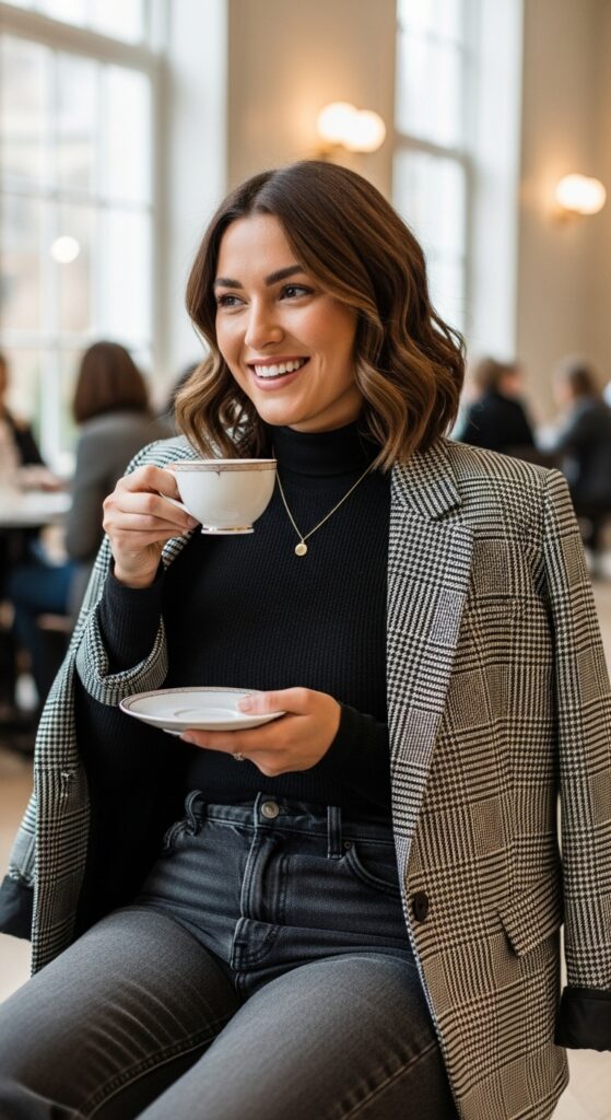 15 Plus Size London Winter Outfits That Curvy Women Love 6 The Blazer and Turtleneck Layer