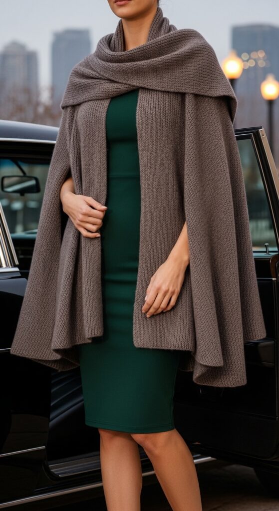 12 Plus Size Winter Going Out Outfits Curvy Women Love 11 The Cape or Shawl Over a Bodycon Dress