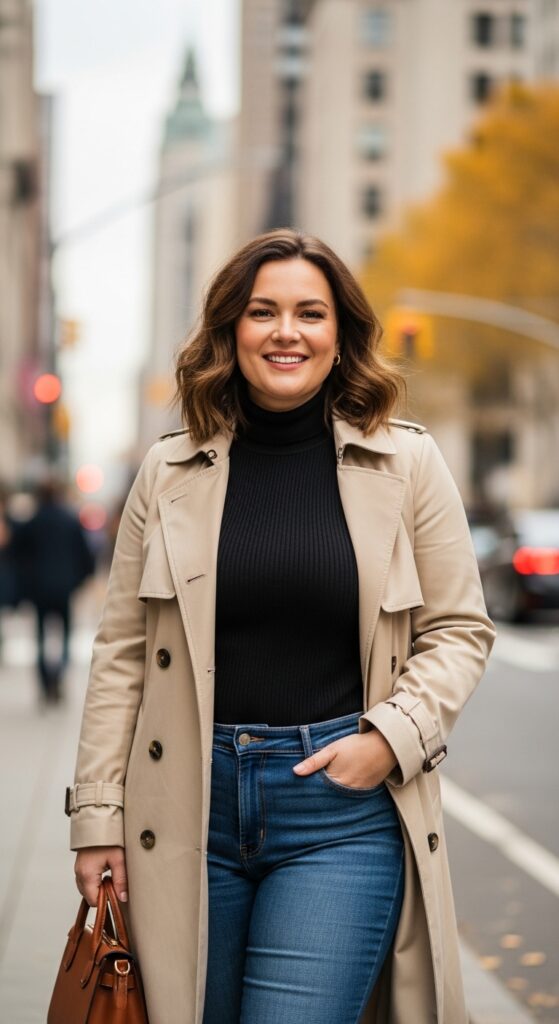 Expert Style Guide: 12 Plus-Size Classy Winter Outfits for Curvy Women 10 The Classic Trench and Turtleneck Outfit (Timeless Staples)