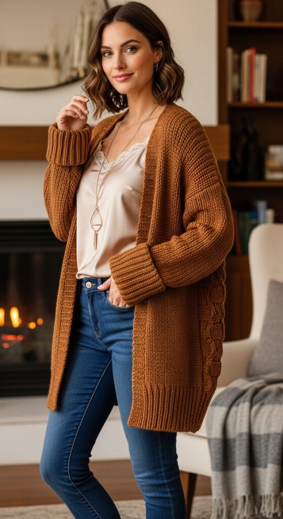 Embrace the Chill: 12 Chic Winter Outfit Ideas for the Curvy Fashionista 9 The Cozy Cardigan Ensemble