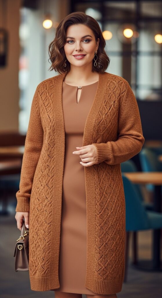 Beyond the Bulky: 10 Confidence-Boosting Plus Size Winter Dress Outfits That Define Your Chic Silhouette 14 The Cozy Duster Cardigan over a Sheath Dress