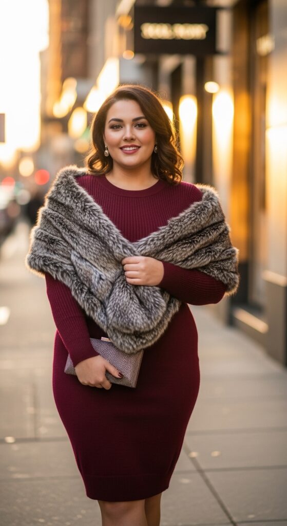Expert Style Guide: 12 Plus-Size Classy Winter Outfits for Curvy Women 12 The Elegant Sweater Dress and Faux Fur Pairing