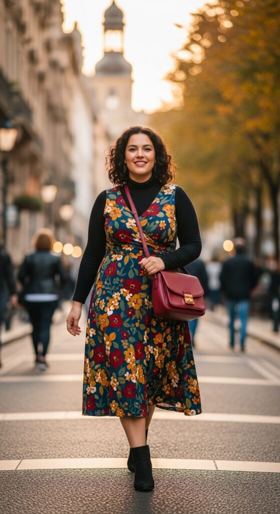 Beyond the Bulky: 10 Confidence-Boosting Plus Size Winter Dress Outfits That Define Your Chic Silhouette 12 The Floral Midi Dress with a Turtleneck Underneath
