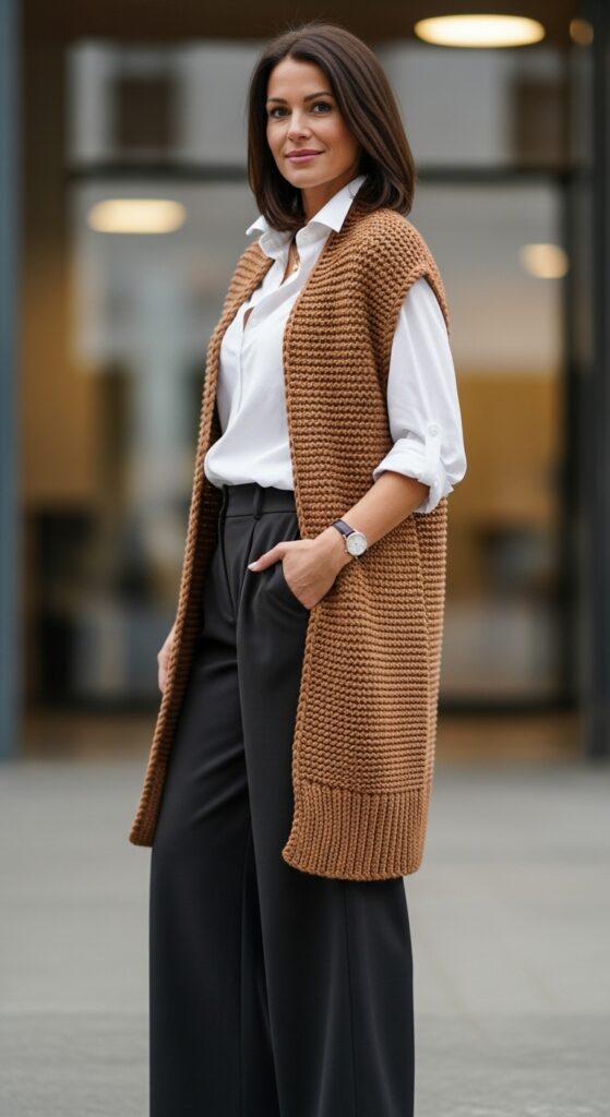 The Long Knit Vest over Trousers