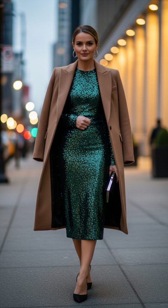 12 Plus Size Winter Going Out Outfits Curvy Women Love 5 The Sequin Midi Dress with Tailored Coat