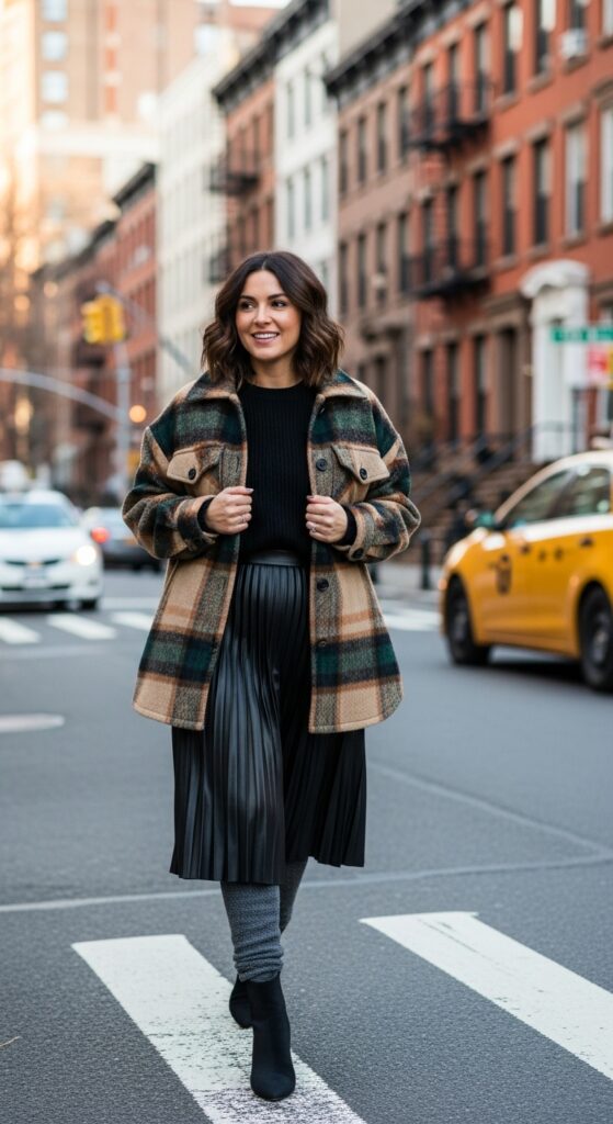 Big City Chic: 12 Plus Size New York Winter Outfits for Stylish Curvy Women 12 The Skirt and Shacket Combo
