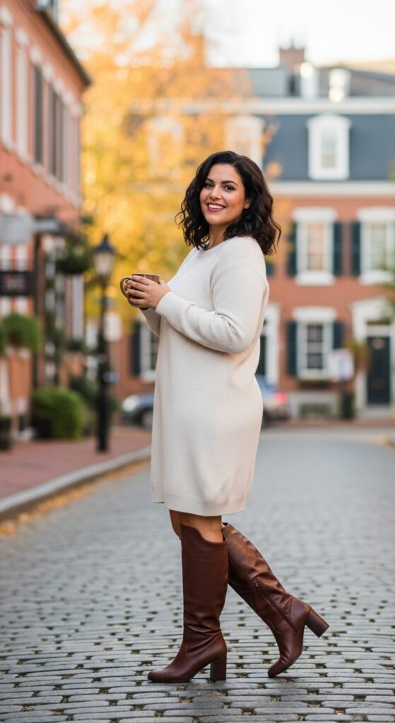 Beyond the Bulky: 10 Confidence-Boosting Plus Size Winter Dress Outfits That Define Your Chic Silhouette 5 The Sweater Dress & Wide-Calf Boot Combo