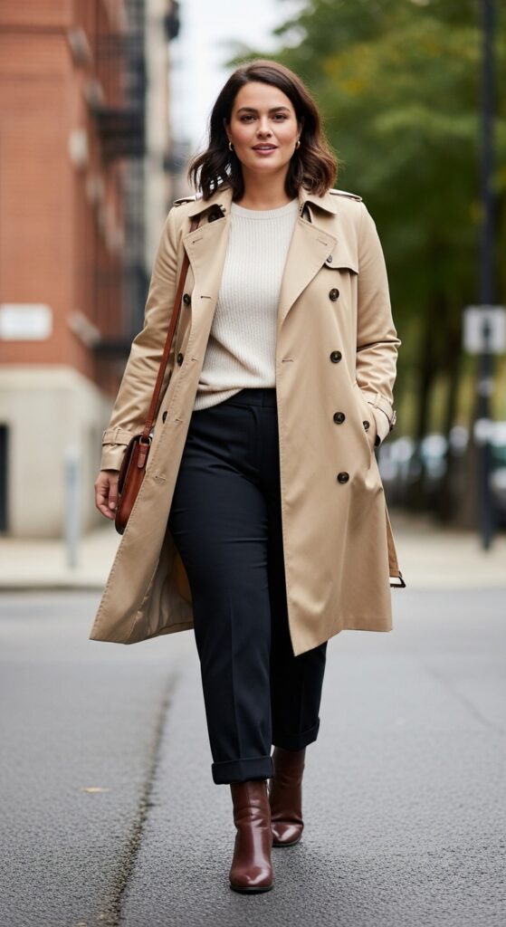 15 Plus Size London Winter Outfits That Curvy Women Love 7 The Trench Coat with Trousers
