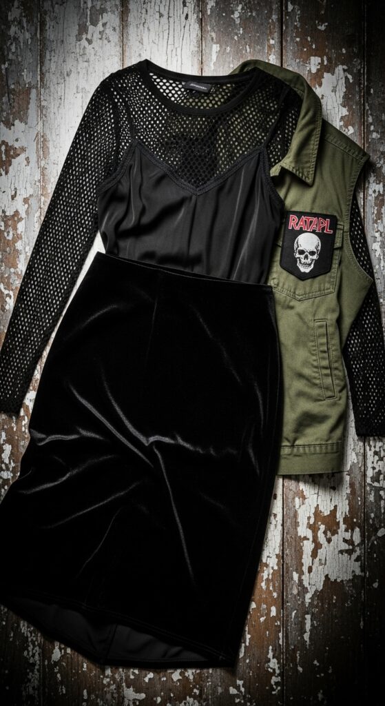 The Velvet Skirt and Fishnet Top