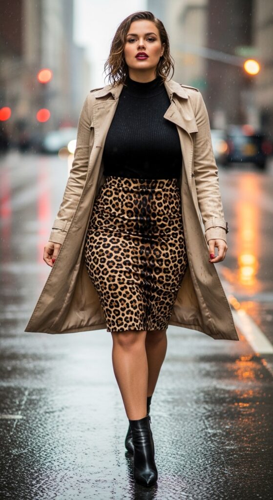 Trench Coat with Animal Print Skirt and Heels