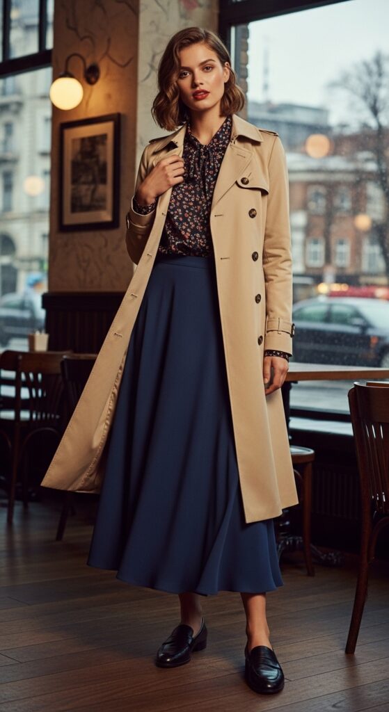 Trench Coat with Blouse and Midi Skirt