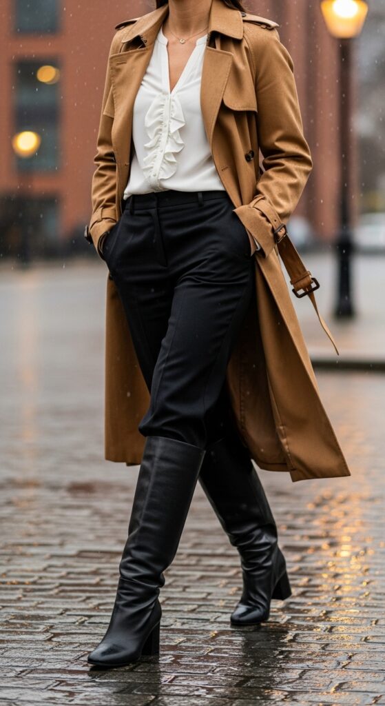 Trench Coat with Blouse and Trousers